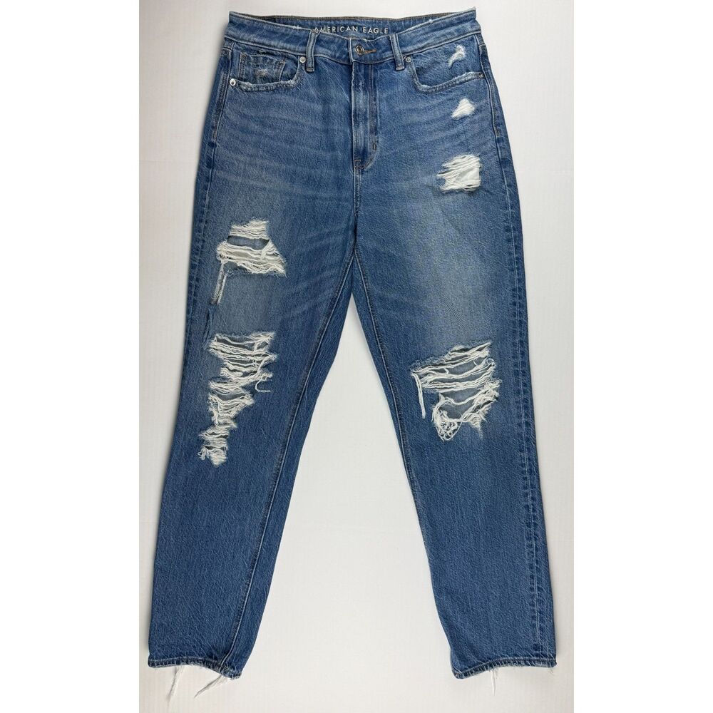 American Eagle Mom Jeans Sz 8 Medium Wash Distressed High Rise Denim